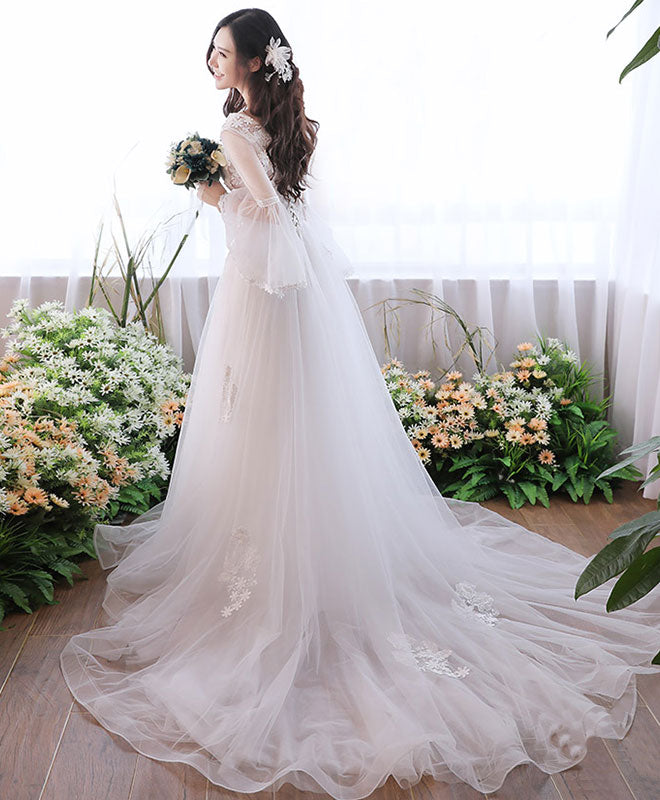 White V Neck Tulle Lace Long Prom Dress, White Evening Dress