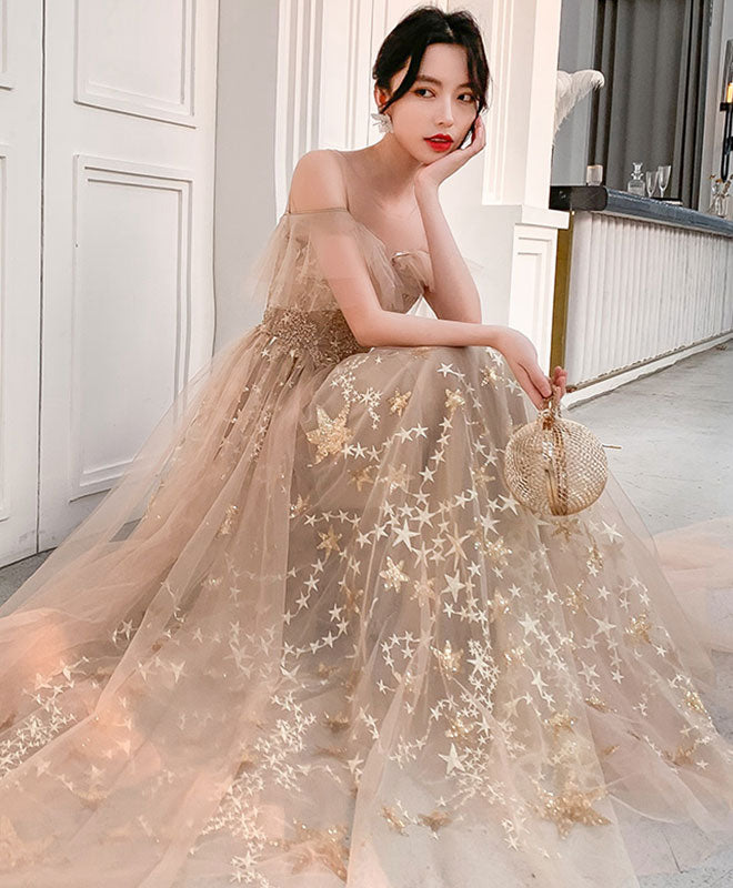 champagne tulle lace long prom dress A-line Off Shoulder Tulle Lace Light Champagne Long Prom Dress Custom Size / Light Champagne