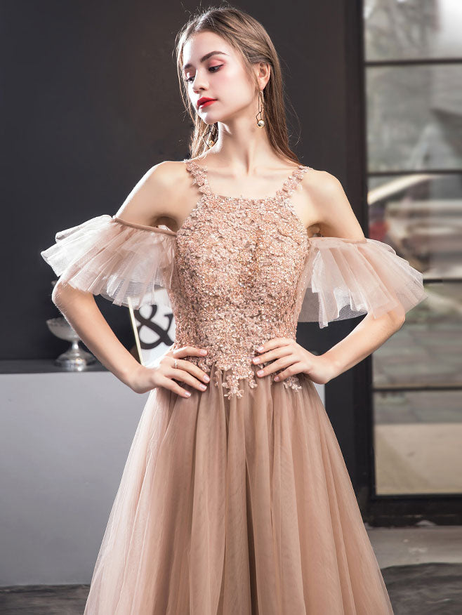 Champagne Tulle Lace Long Prom Dress, Champagne Lace Evening Dress