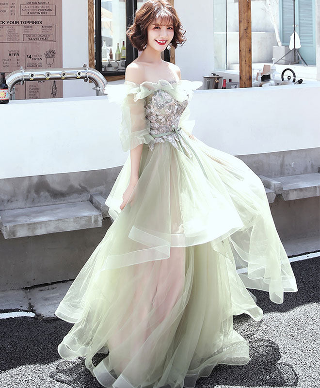 Green Tulle Lace Long Prom Dress, Green Tulle Evening Dress