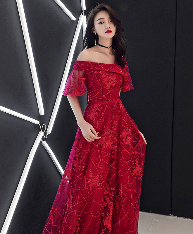 Burgundy Tulle Lace Long Prom Dress Burgundy Lace Formal Dress