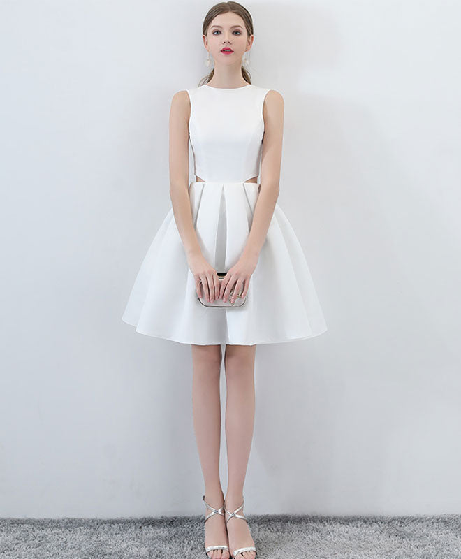Simple White Satin Short Prom Dress, White Homecoming Dress