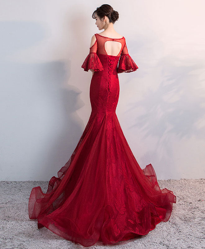 burgundy lace mermaid prom dress Burgundy Off Shoulder Tulle Lace Mermaid Long Prom Dress, Burgundy Evening Dress US 16 / Burgundy