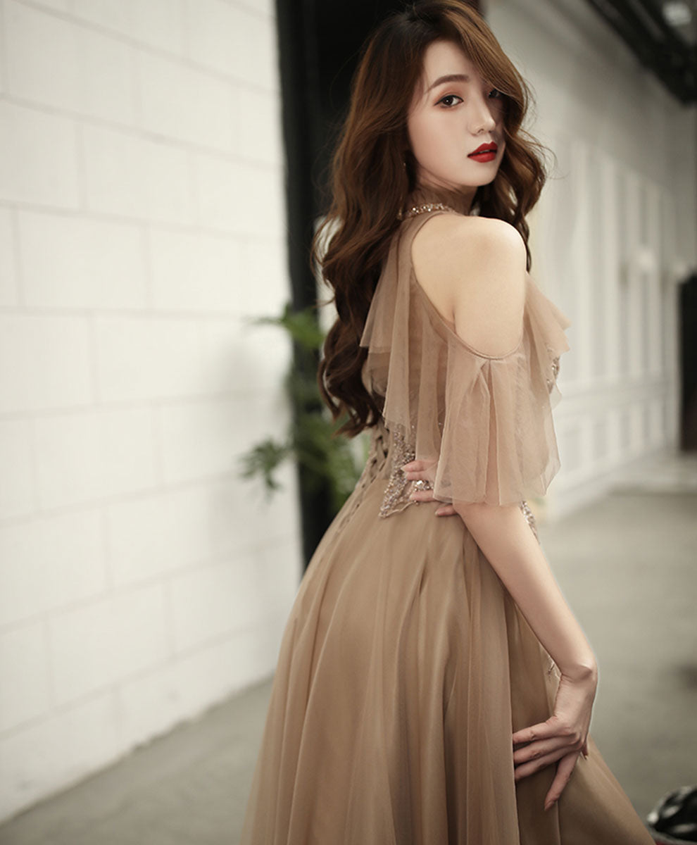 Champagne High Neck Tulle Lace Long Prom Dress Formal Dress