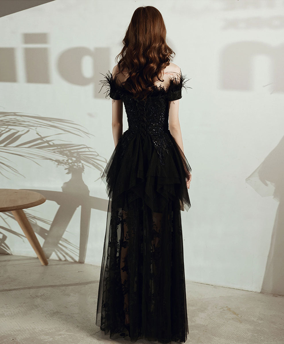 Black Tulle Lace Long Prom Dress, Black Formal Lace Evening Dress