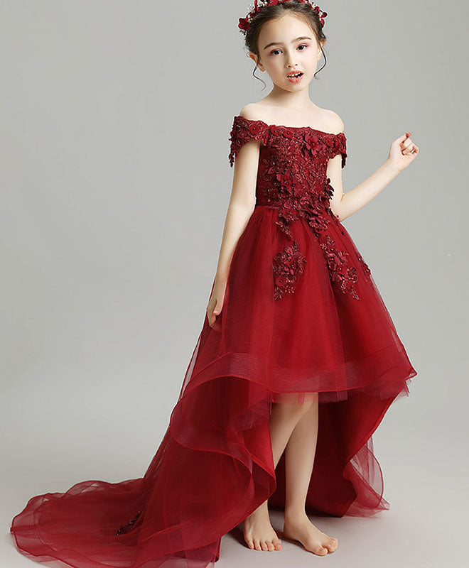 Burgundy High Low Tulle Lace Flower Girl Dress, Party Girl Dress 7 / Burgundy Burgundy High Low Tulle Lace Flower Girl Dress, Party Girl Dress 7 / Burgundy