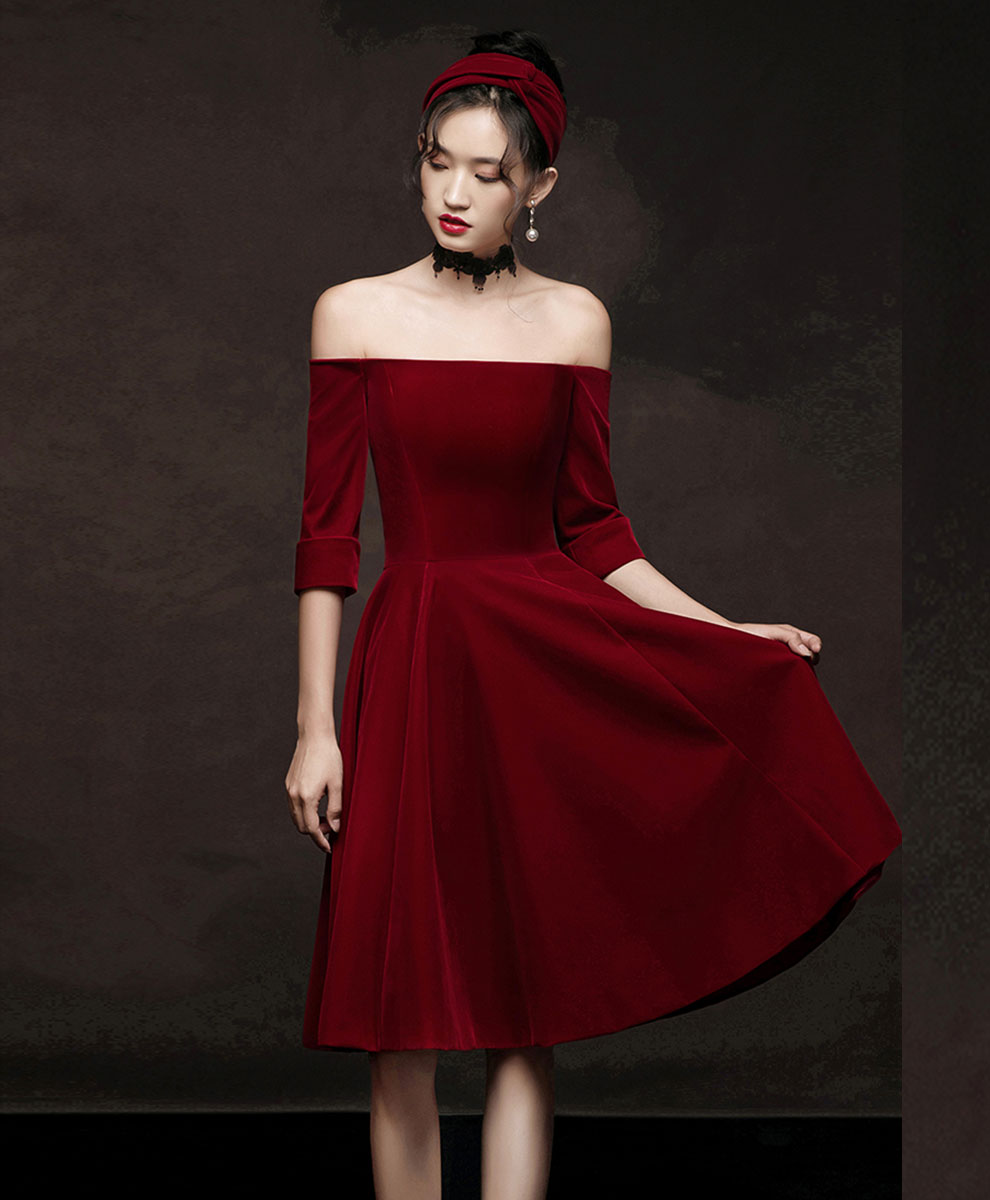Simple Burgundy Short Prom Dress, Velvet Burgundy Homecoming Dress