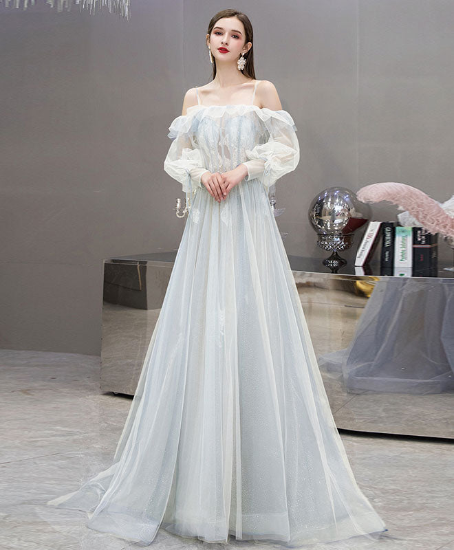 Blue Tulle Lace Long Prom Dress Blue Lace Evening Dress