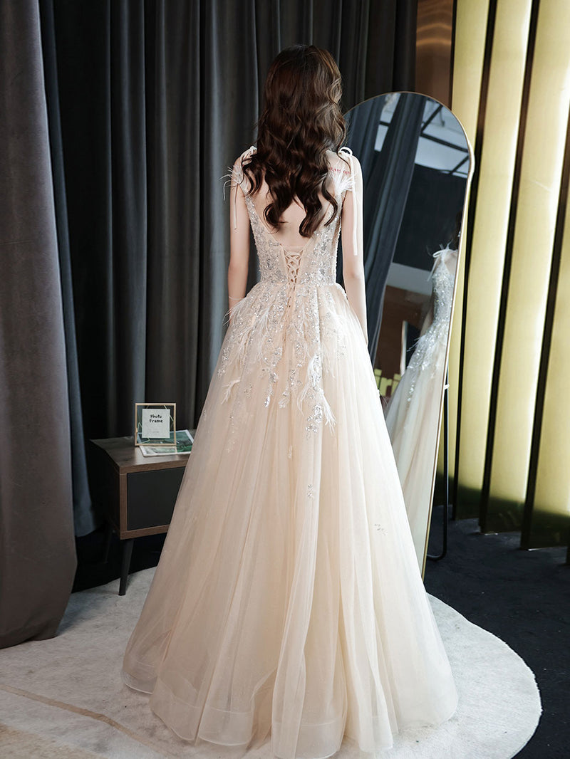 Champagne V Neck Tulle Sequin Lace Long Prom Dress, Champagne Evening Dress US 4 / Custom Color Champagne V Neck Tulle Sequin Lace Long Prom Dress, Champagne Evening Dress US 4 / Custom Color