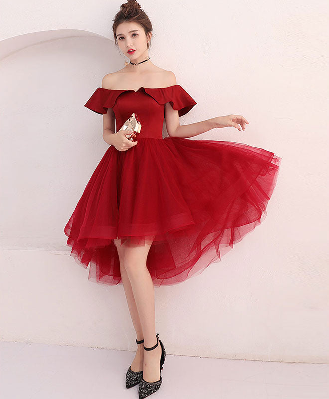 Cute Burgundy Tulle Off Shoulder Short Prom Dress, Burgundy Homecoming Dress