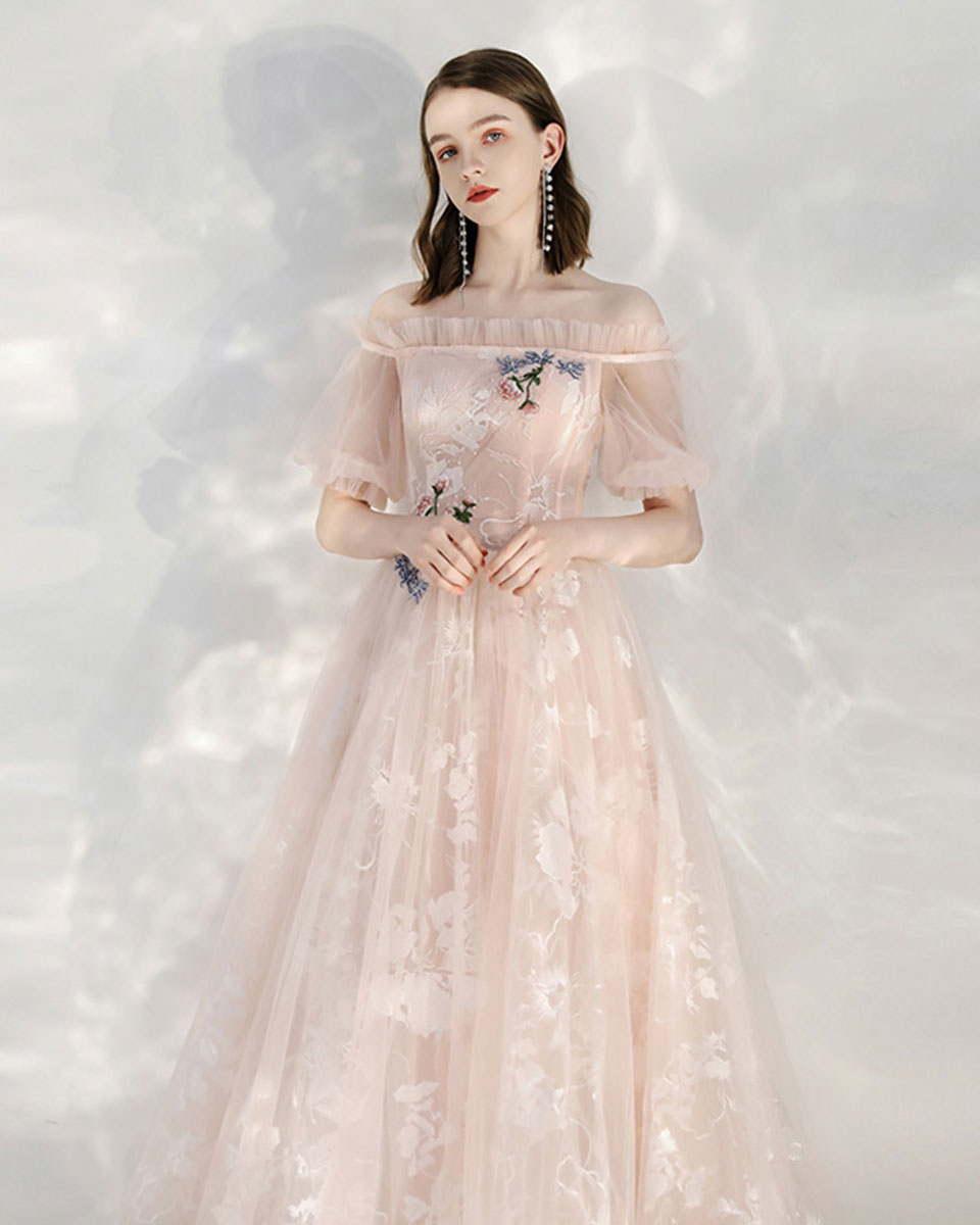 Pink Tulle Lace Off Shoulder Long Prom Dress Tulle Lace Evening Dress