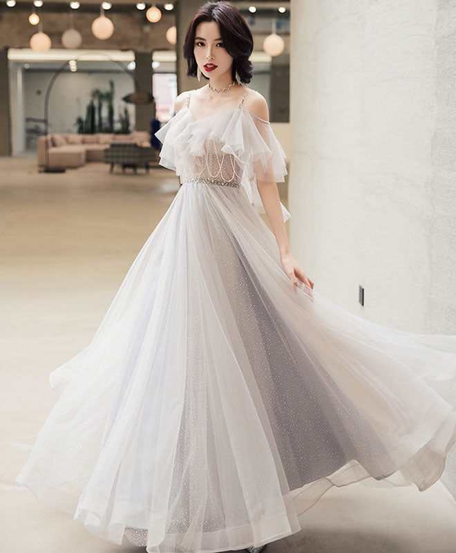 Elegant Off Shoulder Tulle Long Prom Dress, Tulle Evening Dress US 2 / Gray Elegant Off Shoulder Tulle Long Prom Dress, Tulle Evening Dress US 2 / Gray