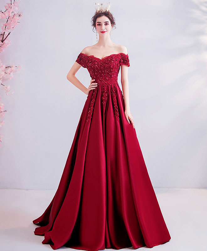 burgundy off the shoulder lace dress Satin Long Prom Burgundy Evening Dres Lace fabric offers slight