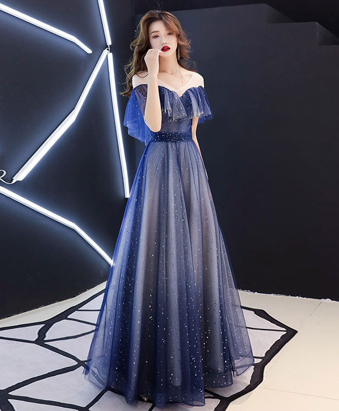 Blue V Neck Tulle Long Prom Dress, Blue Tulle Evening Dress Custom Size / Blue Blue V Neck Tulle Long Prom Dress, Blue Tulle Evening Dress Custom Size / Blue