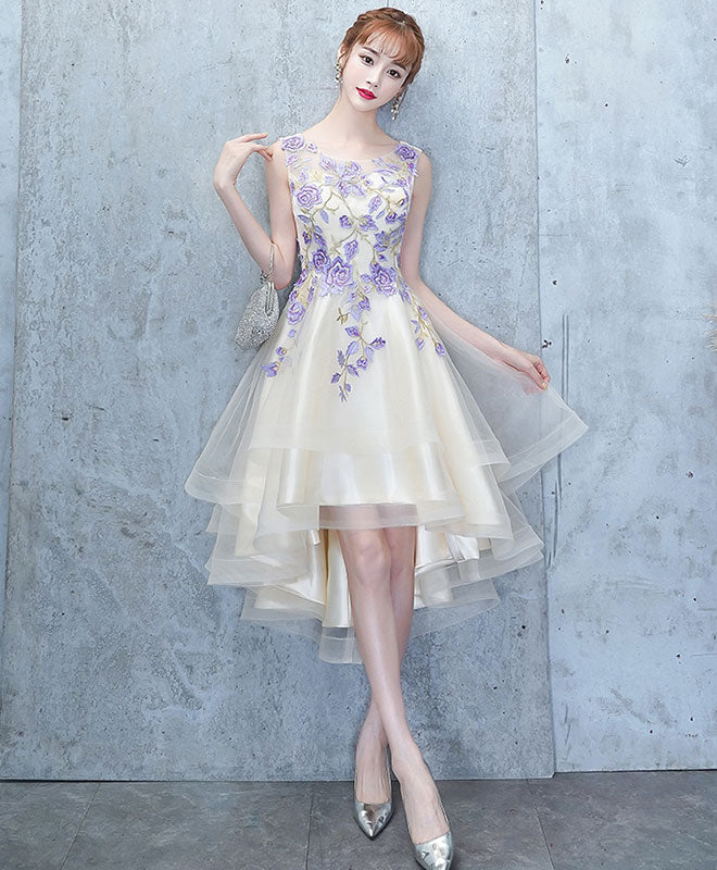 Light Champagne Tulle Lace Short Prom Dress, Lace Homecoming Dress