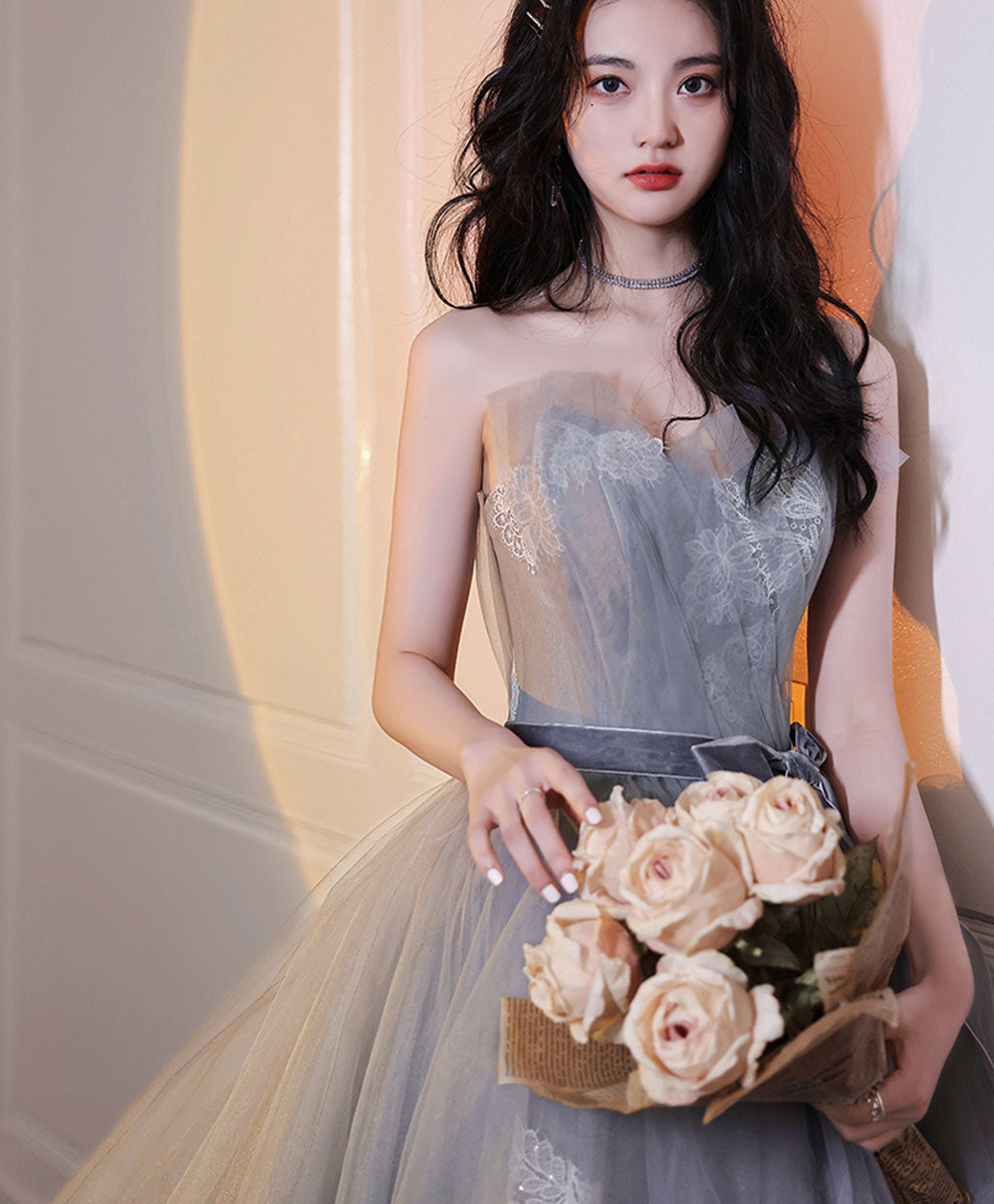 Gray Tulle Lace Long Prom Dress Gray Tulle Formal Dress