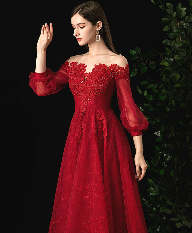 Burgundy Round Neck Tulle Lace Prom Dress, Burgundy Evening Dress