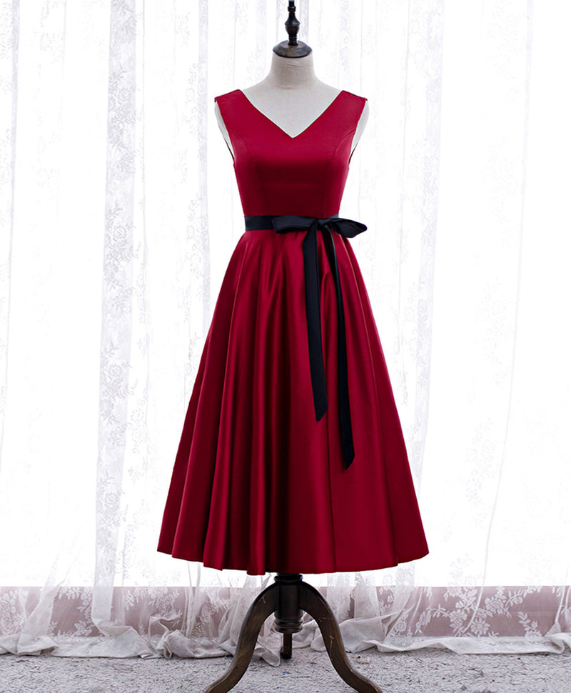 Simple V Neck Satin Burgundy Short Prom Dress, Burgundy Bridesmaid Dre – shopluu