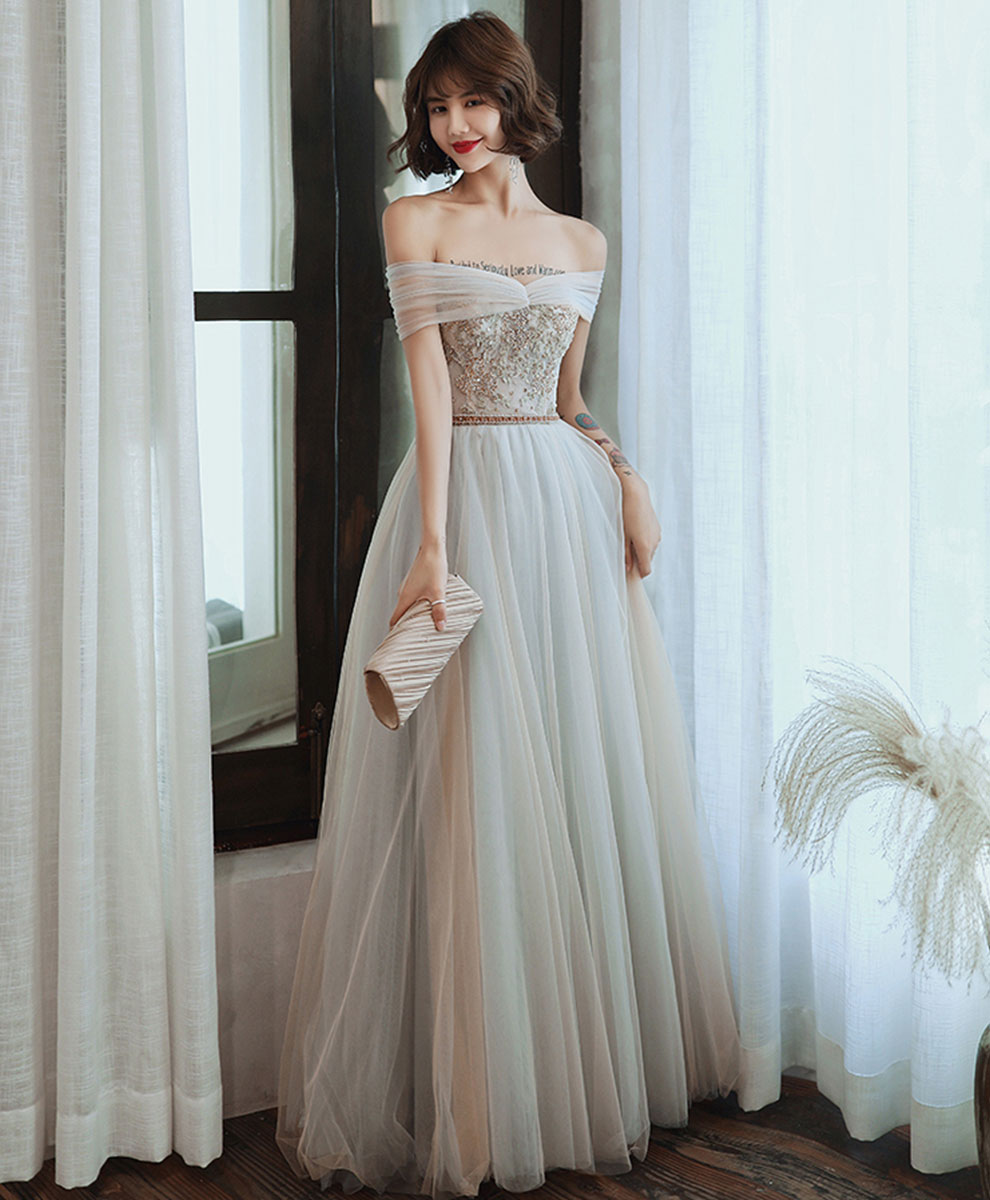 Gray Tulle Lace Long Prom Dress Tulle Lace Formal Dress