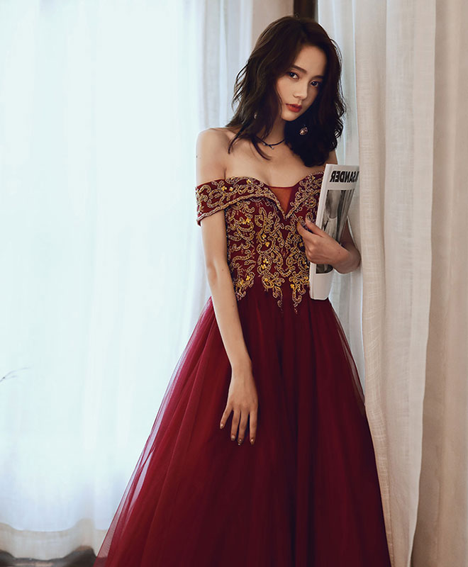 Burgundy Tulle Sequin Off Shoulder Long Prom Dress Burgundy Evening Dress Custom Size / Burgundy Burgundy Tulle Sequin Off Shoulder Long Prom Dress Burgundy Evening Dress Custom Size / Burgundy