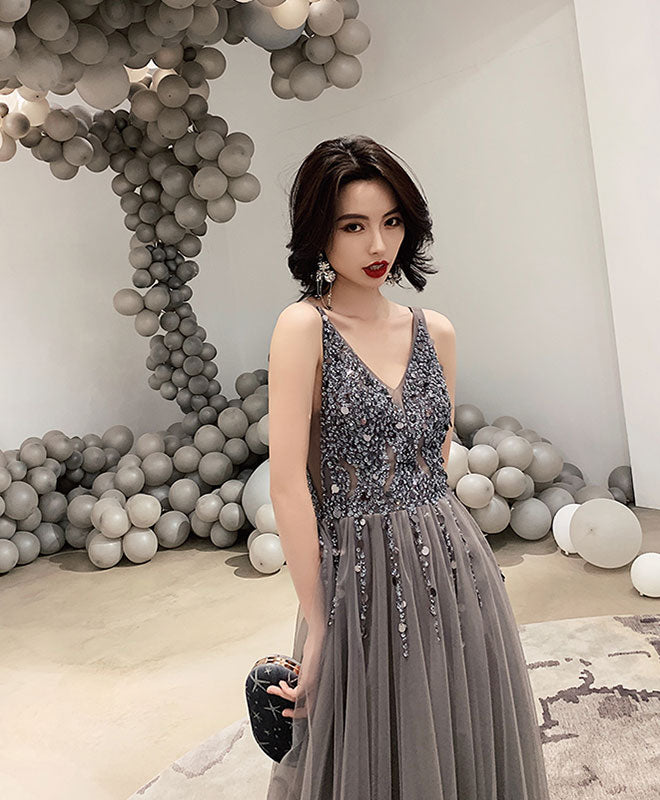 Gray V Neck Tulle Beads Long Prom Dress, Gray Tulle Evening Dress – shopluu