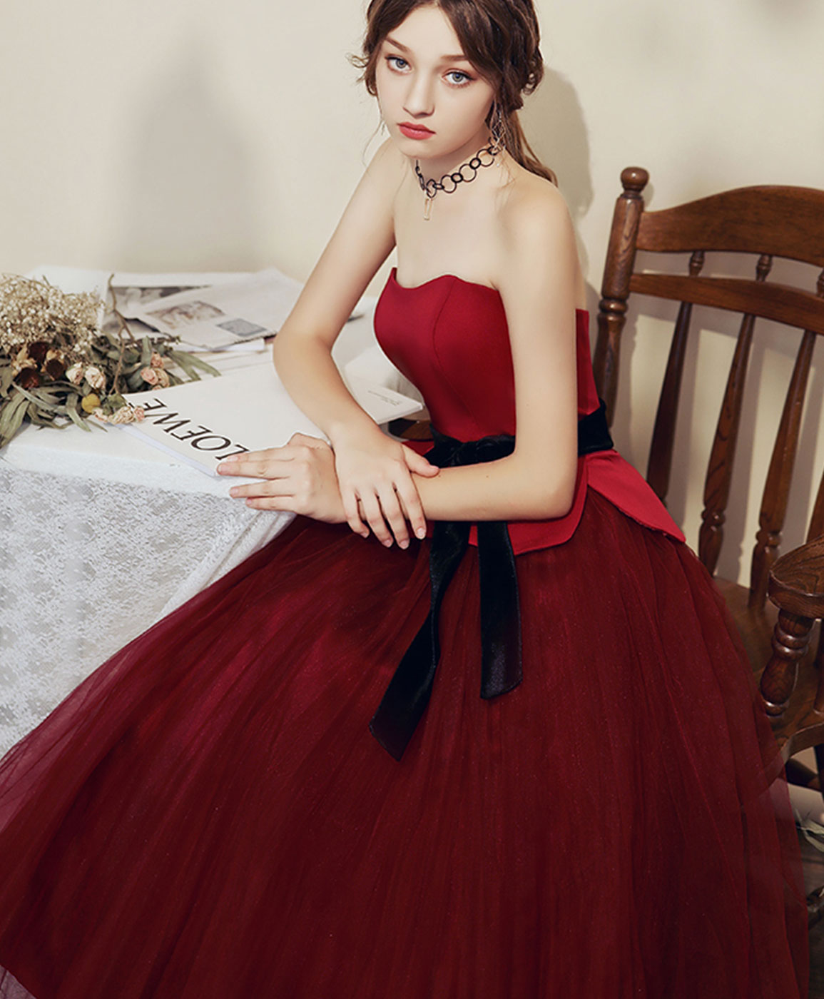 Simple Burgundy Tulle Tea Length Short Prom Dress Bridesmaid Dress
