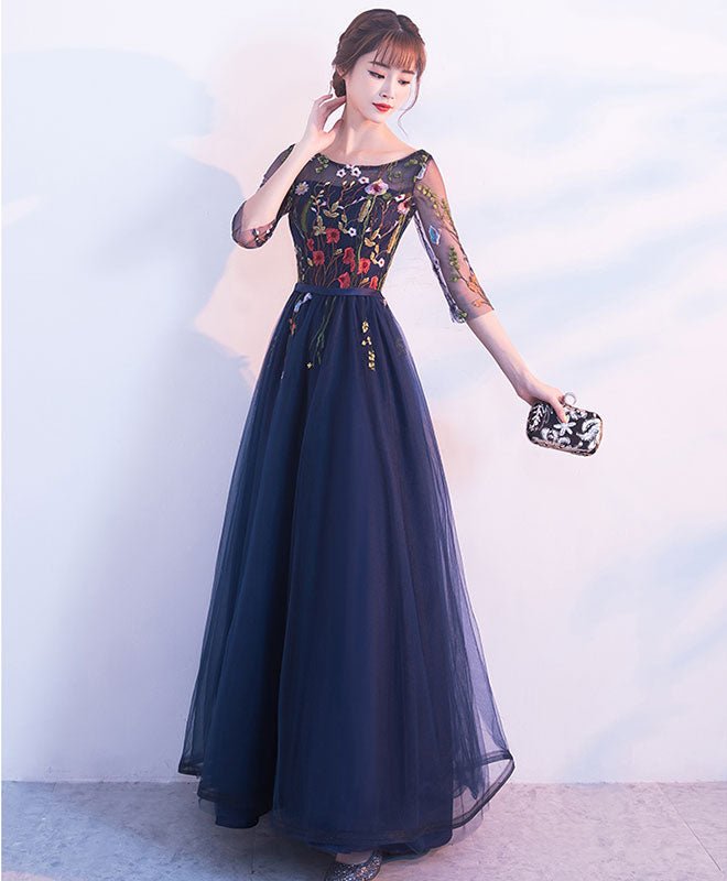 Dark Blue Tulle Lace Long Prom Dress, Blue Evening Dress
