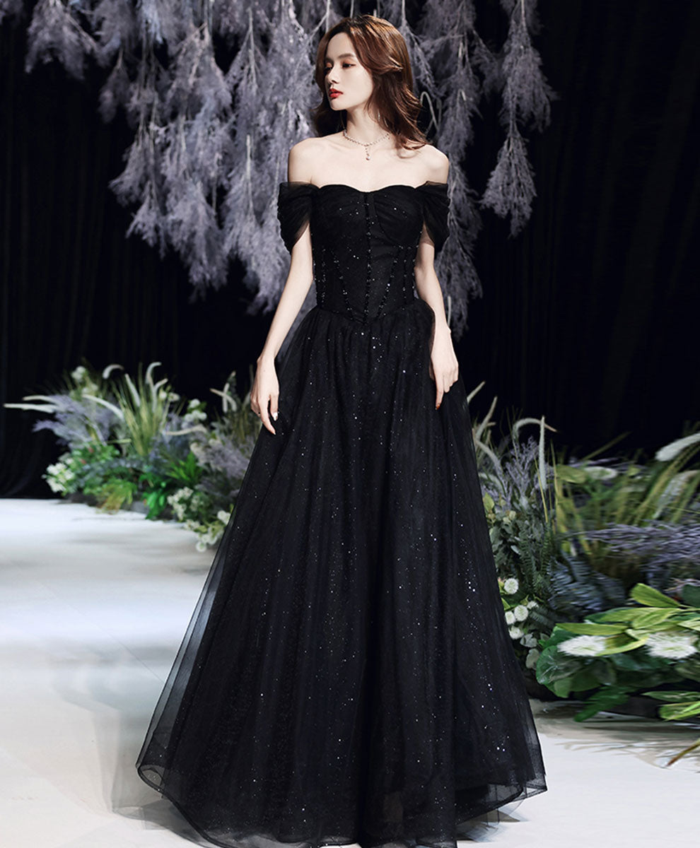 Black Tulle Off Shoulder Long Prom Dress, Black Formal Graduation Dresses
