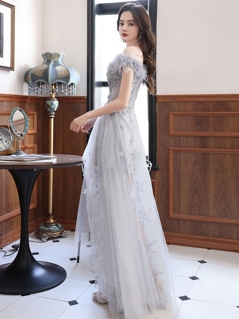 Gray Sweetheart Neck Tulle Long Prom Dress, Gray Evening Dress