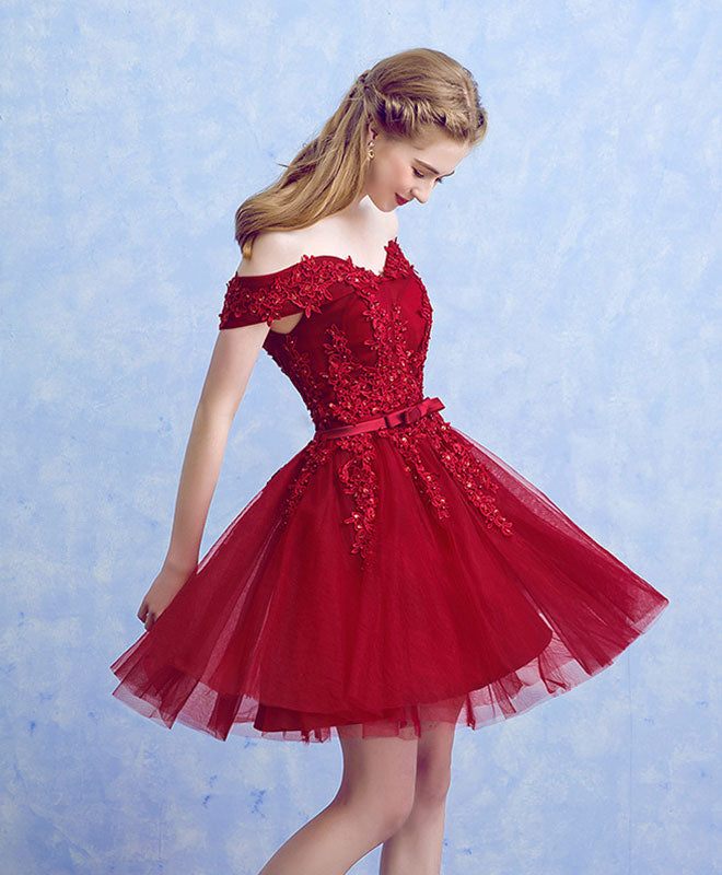 Burgundy Lace Tulle Short Prom Dress, Burgundy Lace Homecoming Dresses –  shopluu