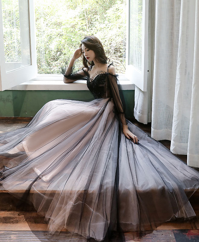 Black Tulle A Line Lace Long Prom Dress Tulle Lace Formal Dress