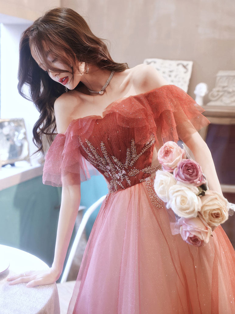 Burgundy A line Tulle Beads Long Prom Dress, Burgundy Formal Evening Dresses