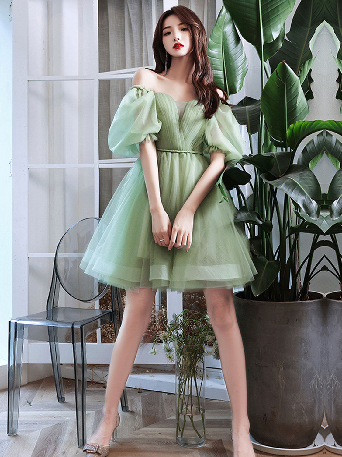 Simple Mini Tulle Short Green Prom Dress, Green Puffy Homecoming Dress