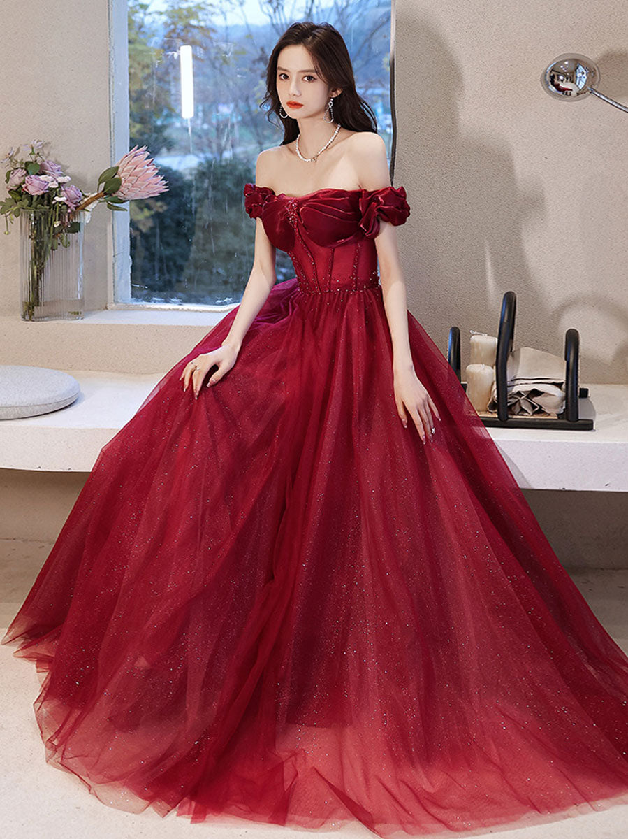 burgundy fancy dresses Off Shoulder Tulle Long Prom Dress, Burgundy Formal Long Sleeve6