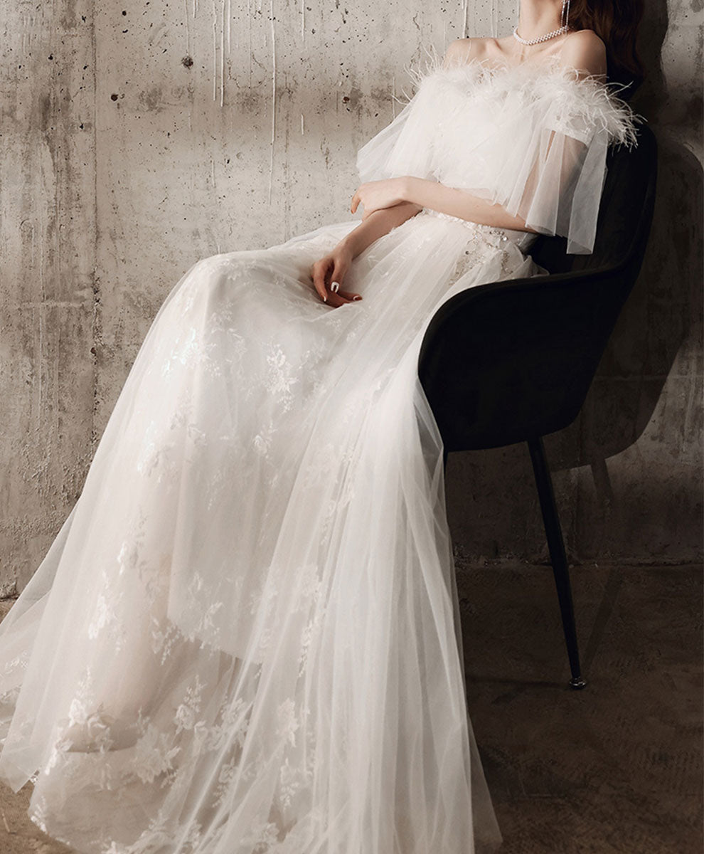 White Sweetheart Tulle Long Prom Dress, White Lace Long Graduation Dress