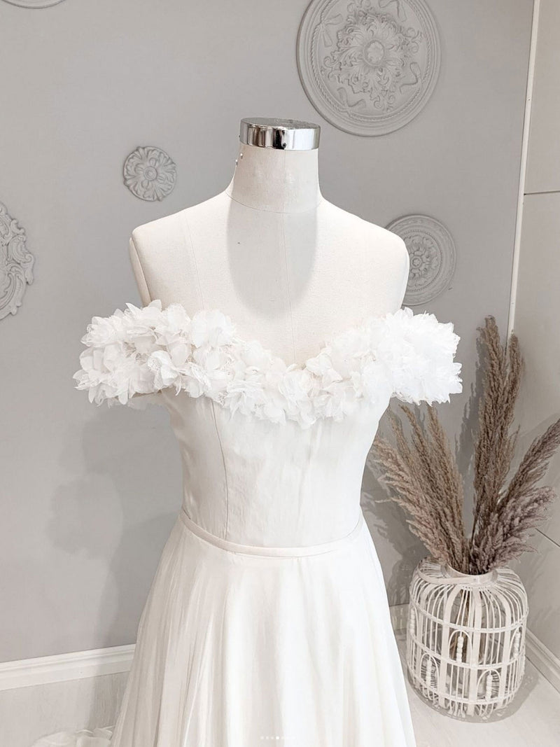 White Off Shoulder Flowers Long Wedding Dress, White Beach Wedding Dress Custom Size / Custom Color White Off Shoulder Flowers Long Wedding Dress, White Beach Wedding Dress Custom Size / Custom Color