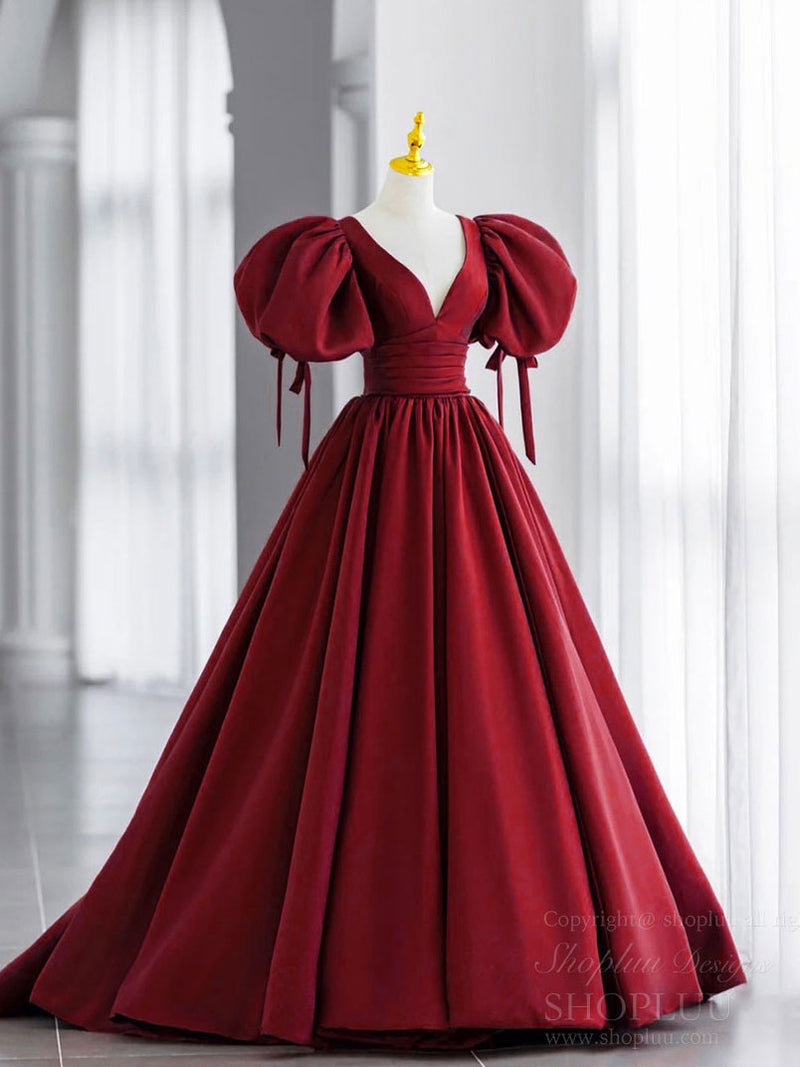 Simple V Neck Puffy Sleeves Satin Long Prom Dress, Satin Evening Dress US 2 / Custom Color Simple V Neck Puffy Sleeves Satin Long Prom Dress, Satin Evening Dress US 2 / Custom Color