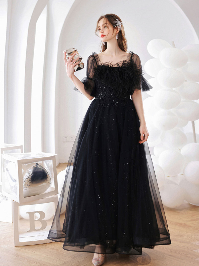 Black Tulle Long A-Line Prom Dress, Black Party Dress with Sequins US 6 / Black Black Tulle Long A-Line Prom Dress, Black Party Dress with Sequins US 6 / Black