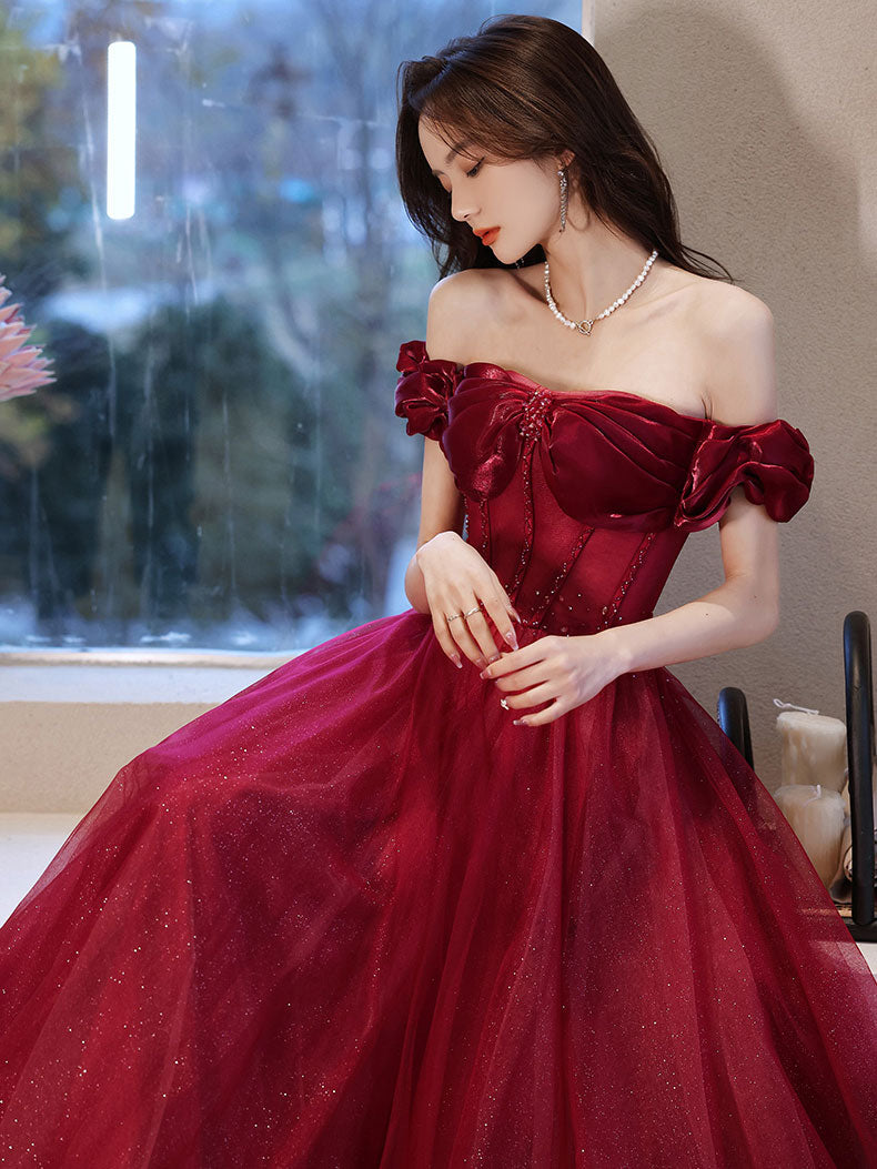 Burgundy Off Shoulder Tulle Long Prom Dress, Burgundy Formal