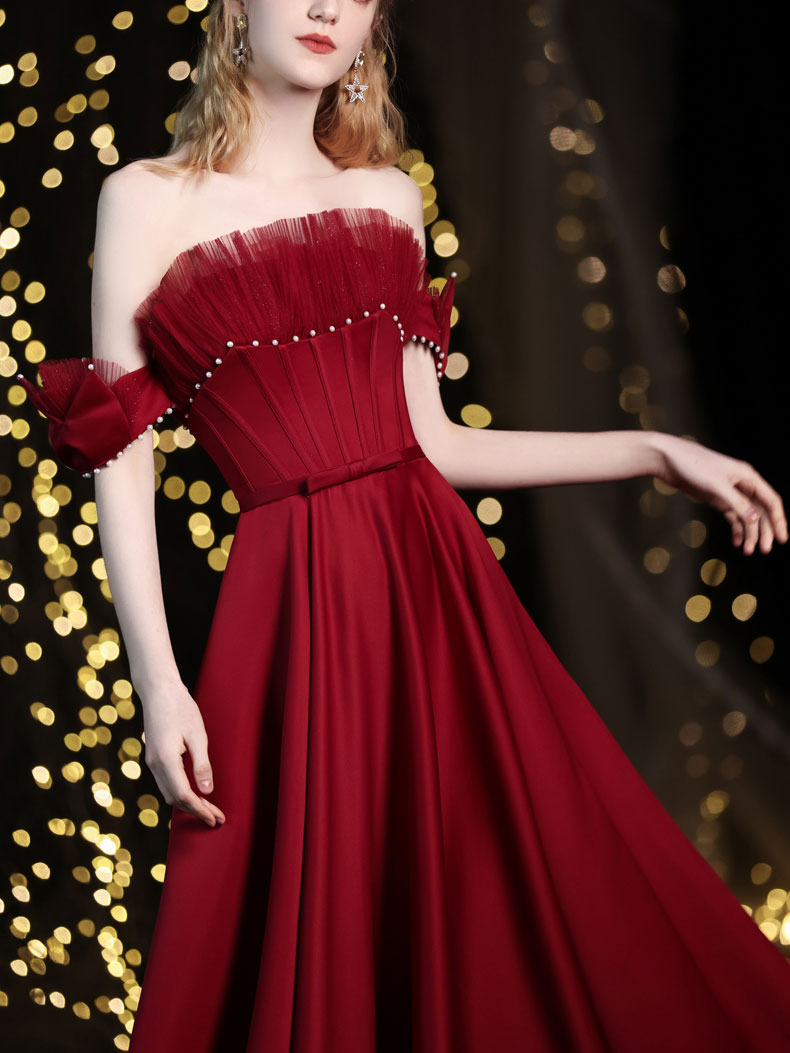 Simple Burgundy Off Shoulder Satin Long Prom Dress, Burgundy Evening Dress
