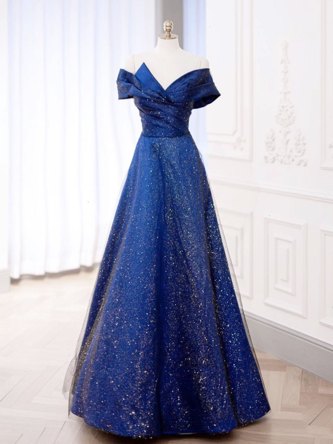 Simple Tulle Satin Dark Blue Long Prom Dress, Blue Formal Evening Dres