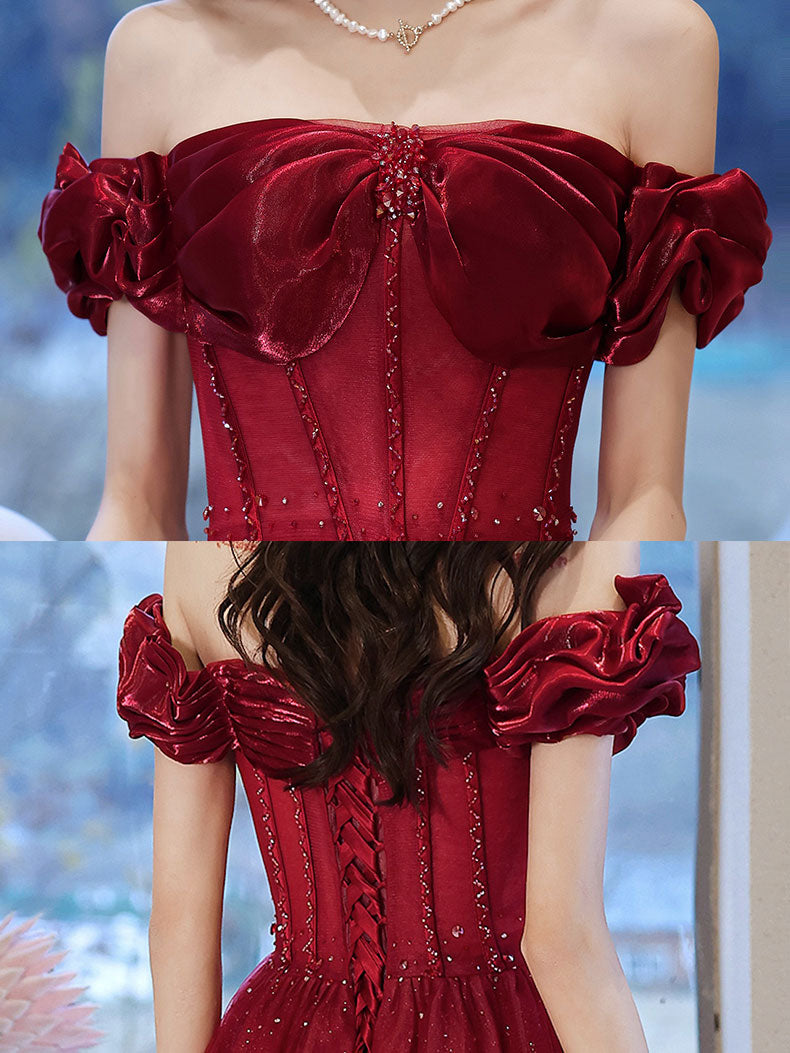 Burgundy Off Shoulder Tulle Long Prom Dress, Burgundy Formal Dresses