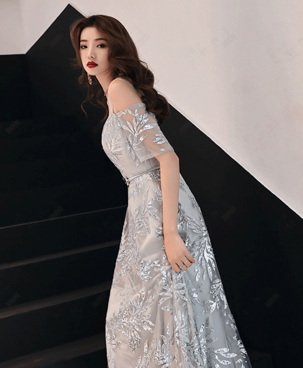 Gray Tulle Lace Long Prom Dress Gray Lace Evening Dress