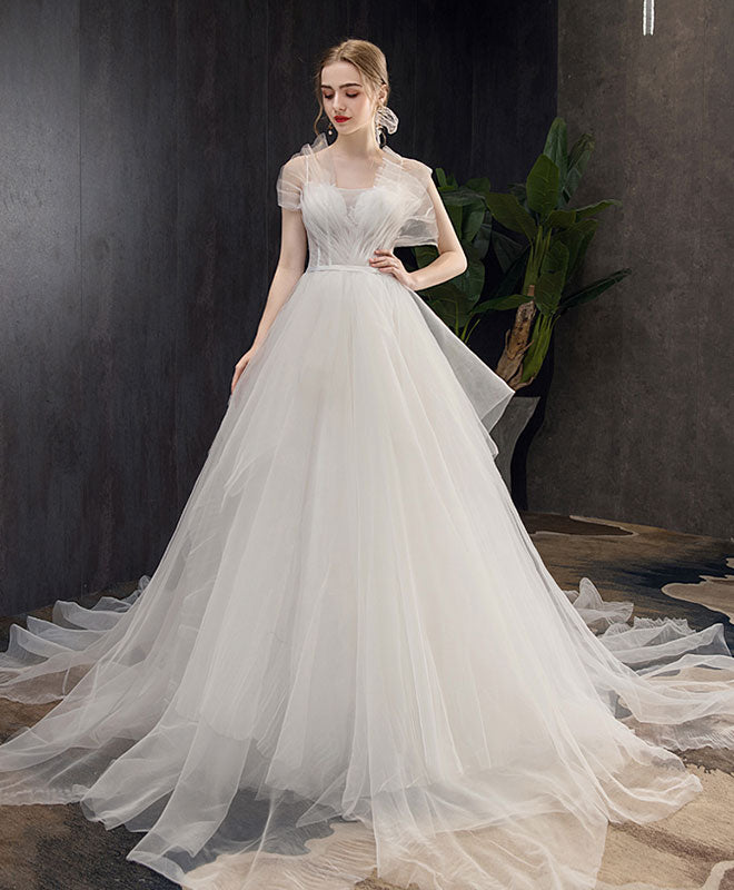 White Tulle Long Wedding Dress, White Tulle Long Bridal Dress