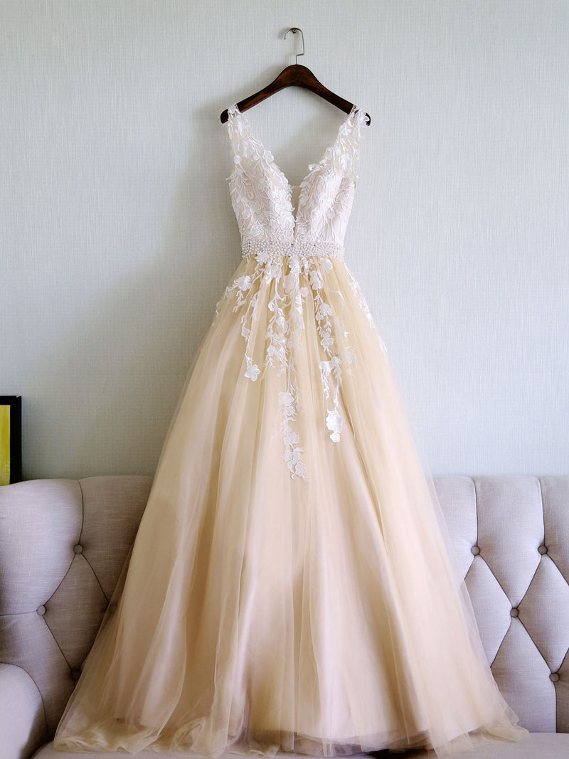 Champagne V Neck Tulle Lace Applique Long Prom Dress, Evening Dress – shopluu