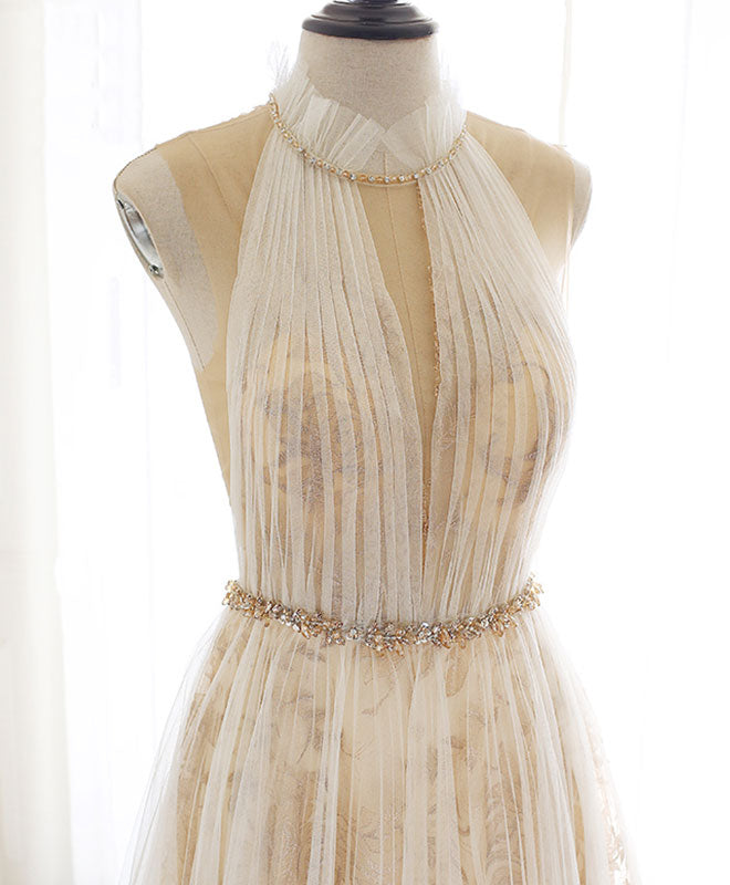 Champagne Tulle Lace Long Prom Dress, Champagne Evening Dress