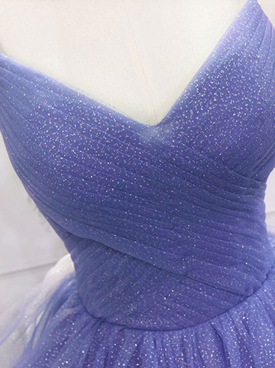 Purple v neck Tulle Long Prom Dress, Purple Sweet 16 Dress