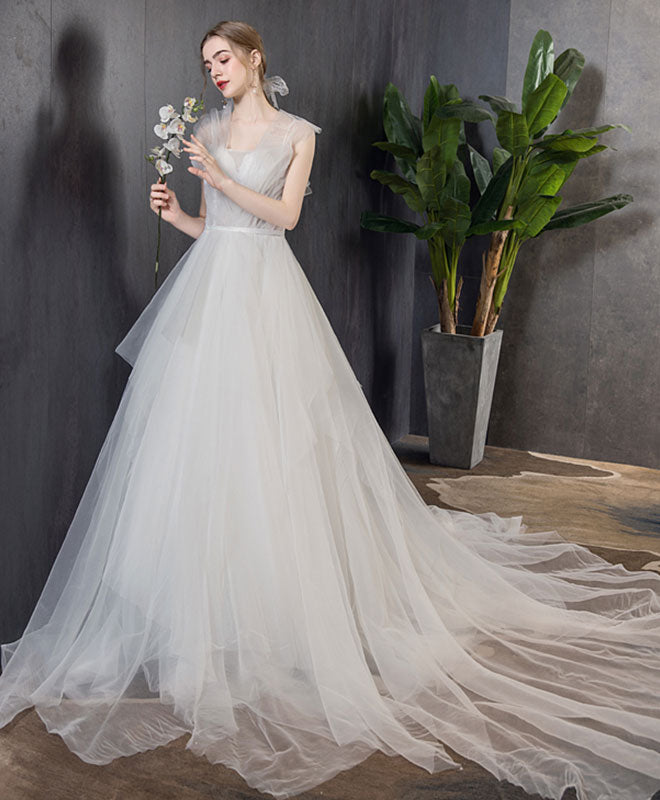 White Tulle Long Wedding Dress, White Tulle Long Bridal Dress