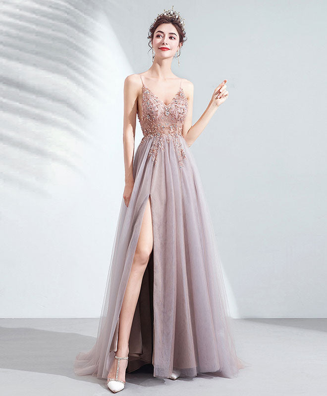 A-Line V Neck Tulle Beads Long Prom Dress Tulle Formal Dress