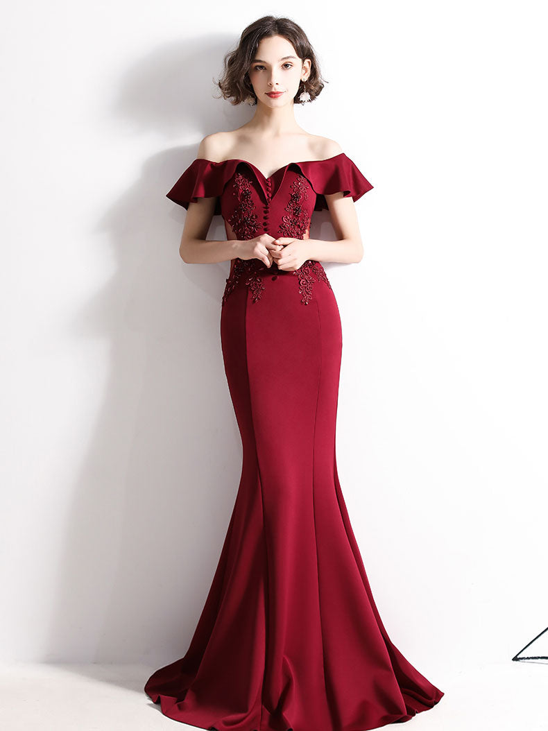 Burgundy Off Shoulder Satin Lace Long Prom Dress, Burgundy Evening Dresses